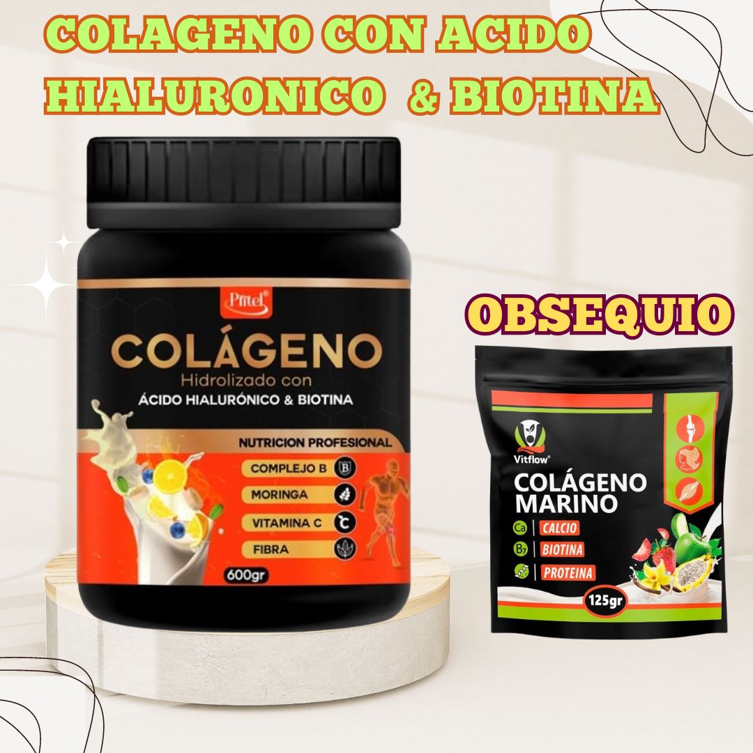 COLAGENO CON ACIDO HIALURONICO + BIOTINA OBSEQUIO - BOLSA COLAGENO MARINO DE 125 GR